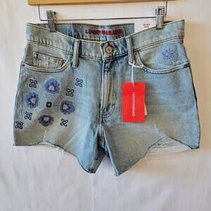Lucky Brand 90s Midi Embroidered Cut Off Shorts Blue 4/27